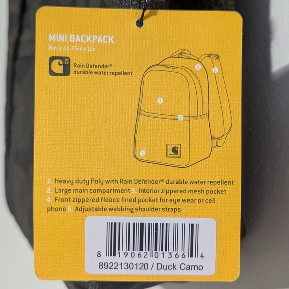 Carhartt Zip Duck Camo Water Repellent Adjustable Strap Mini Backpack - Picture 11 of 14